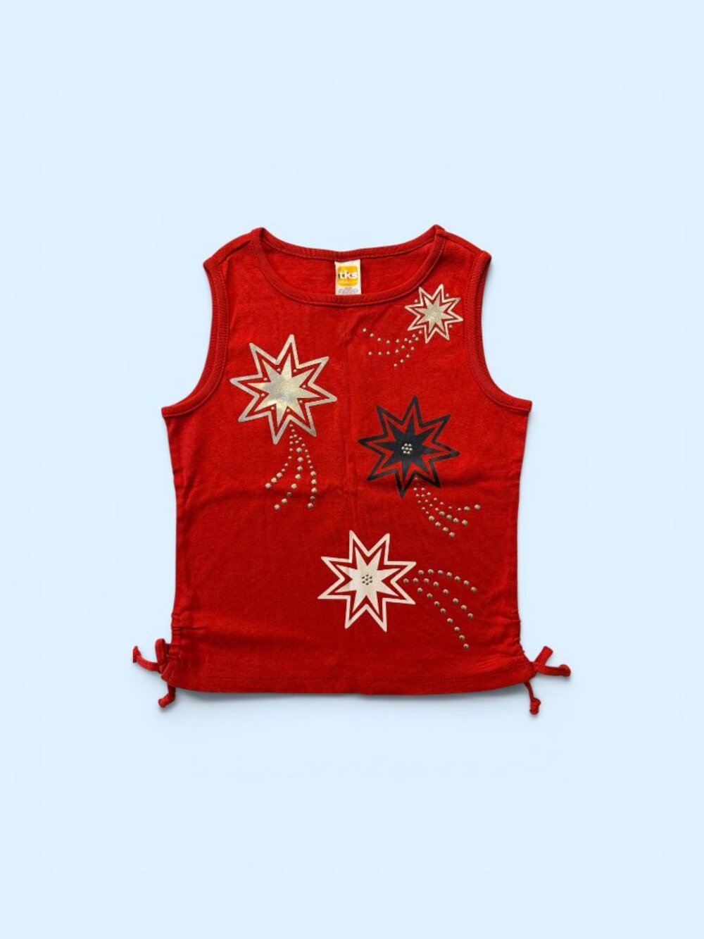 TKS, Girl's Red Sleeveless Top with Sparkling Star Appliques, Size L (6X)